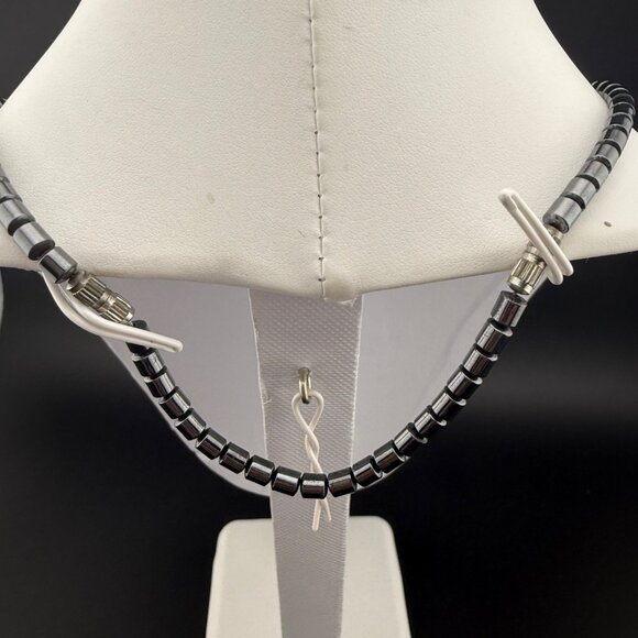 Black Hematite Beaded Necklace With Circular Pendant‎ & Dangling Bead Accents - Picture 5 of 6